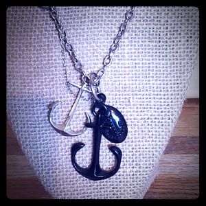 Silver and black tone anchor necklace
